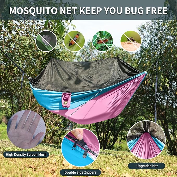 Kids Hammock, Camping Hammock with Mosquito Net, Lightweight Nylon Portable Hammock with 10ft Tree Straps,Hammocks for Travel Hiking Backpacking Beach Patio