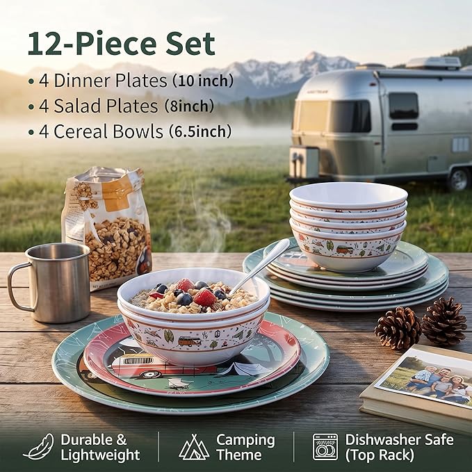 12-Piece Melamine Dinnerware Set,Unbreakable Camping Plates and Bowls Set of 4, Lightweight Outdoor Dishes with Camper Van & Tent Design for RV, Picnic, Backpacking, and Patio,Dishwasher Safe