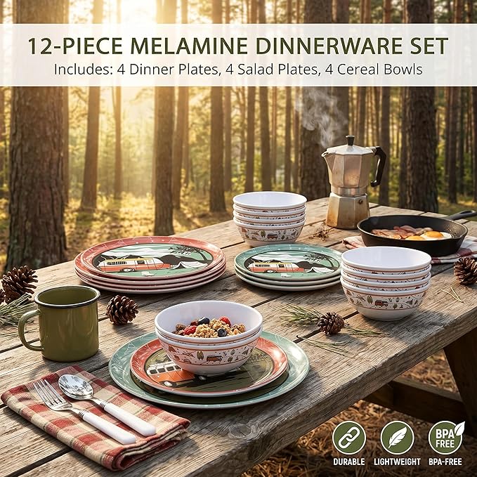 12-Piece Melamine Dinnerware Set,Unbreakable Camping Plates and Bowls Set of 4, Lightweight Outdoor Dishes with Camper Van & Tent Design for RV, Picnic, Backpacking, and Patio,Dishwasher Safe