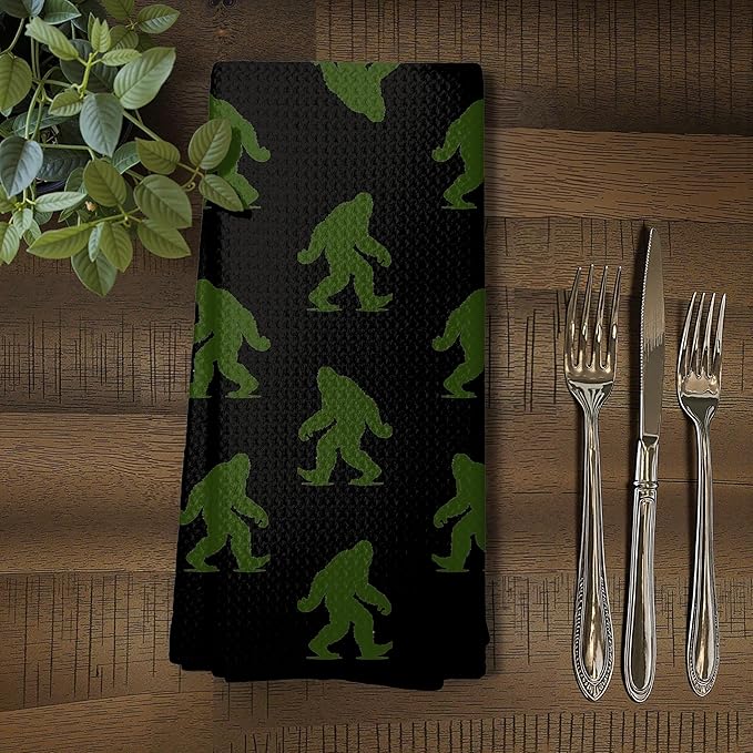 Abstract Retro Sasquatch Kitchen Towels, Sasquatch Gifts Dish Tea Towels for Kitchen Decor, Gifts for Hiking Camping Lovers Hand Towel for Bathroom Decor, 16x24 Inch, (Black and Green)