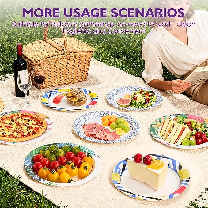 Disposable Paper Plates 8.5 Inch 300 Count, Soak Proof and Cut Resistant Leaf Pattern Heavy Duty Paper Plates Bulk for Parties, Picnics, Camping, and Everyday Meals