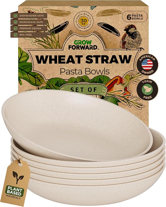 Grow Forward Premium Wheat Straw Pasta Bowls - 30oz Unbreakable Wide & Shallow Dinner Plate Bowls Set of 6 - Microwave Safe Reusable Plastic Pasta Bowls for Kids, Adults, Salad, Camping, RV - Sahara