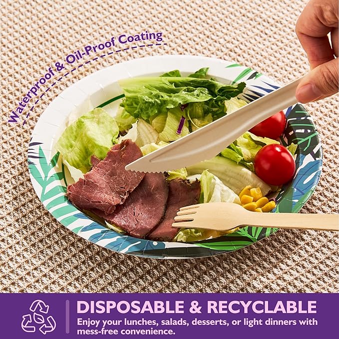Disposable Paper Plates 8.5 Inch 300 Count, Soak Proof and Cut Resistant Leaf Pattern Heavy Duty Paper Plates Bulk for Parties, Picnics, Camping, and Everyday Meals