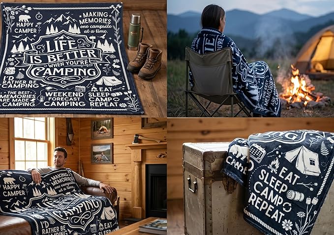 Camping Gifts for Women Men Lovers Throw Blanket, Happy Campers Decor Outdoor, RV Campsite Travel Hiking - Life, 50" x 65"