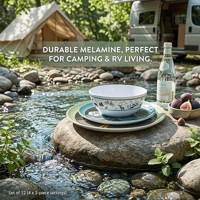 12-Piece Melamine Dinnerware Set, Lightweight Unbreakable Plates and Bowls Set, Outdoor Camping Dishes – Perfect for RV, Picnic, Backpacking, Patio,Getaways (Service for 4)
