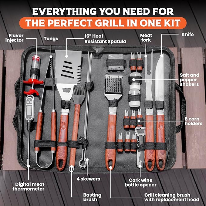 SpartaSake (24-Pack) Premium Stainless Steel BBQ Grilling Accessories with Steel Handles - Barbecue Gill Accessories Set for Blackstone Griddle - Outdoor Camping Grill Set for BBQ for Dad Men Women