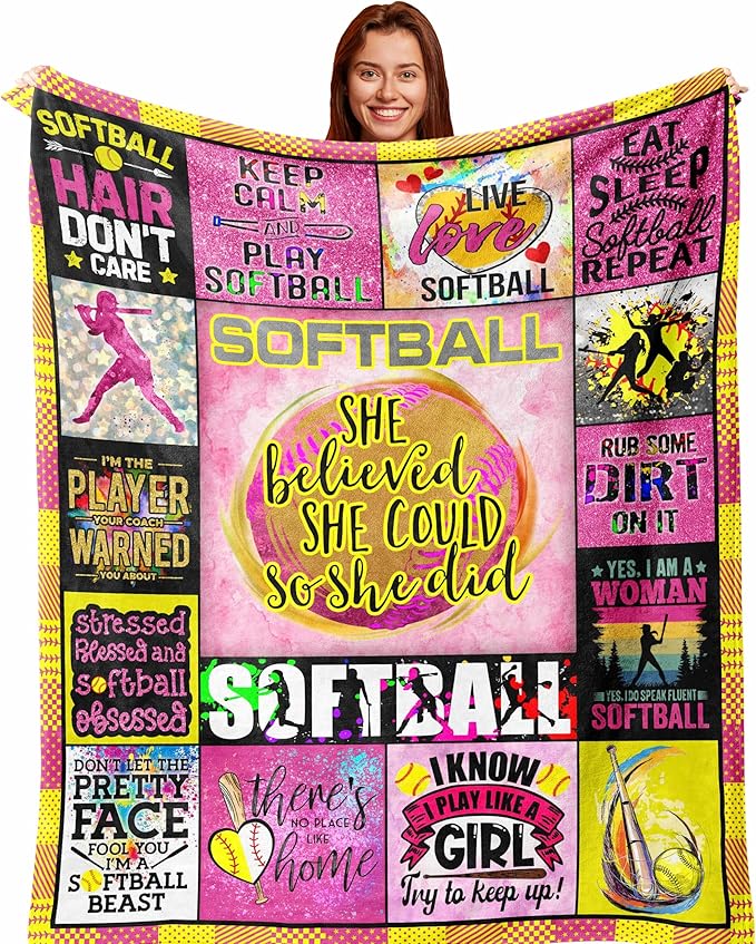 Unique Softball Accessories for Girls Women, Best Softball Gear Gift Party Decorations for Team, Soft Warm Blanket 80" x 60"