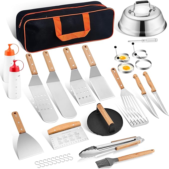 Griddle Accessories Kit, HaSteeL 20 Pcs Flat Top Grill Accessories Set for Camping, Griddle Spatula Tools with 9” Melting Dome, Grill Spatula Set with Choppers for Teppanyaki BBQ Outdoor