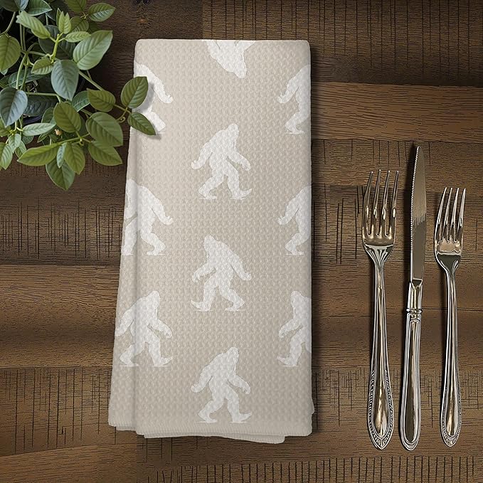 Abstract Retro Sasquatch Kitchen Towels, Sasquatch Gifts Dish Tea Towels for Kitchen Decor, Gifts for Hiking Camping Lovers Hand Towel for Bathroom Decor, 16x24 Inch, (Beige and White)