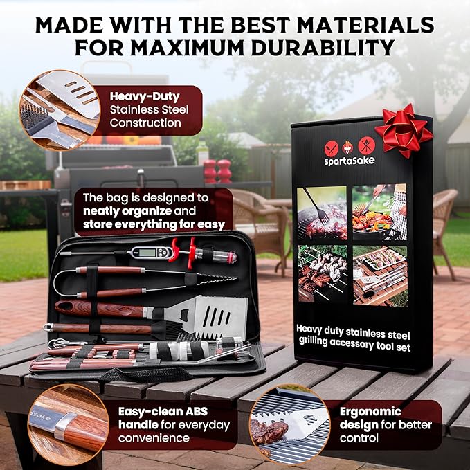 SpartaSake (24-Pack) Premium Stainless Steel BBQ Grilling Accessories with Wood Handles - Barbecue Gill Accessories Set for Blackstone Griddle - Outdoor Camping Grill Set for BBQ for Dad Men Women