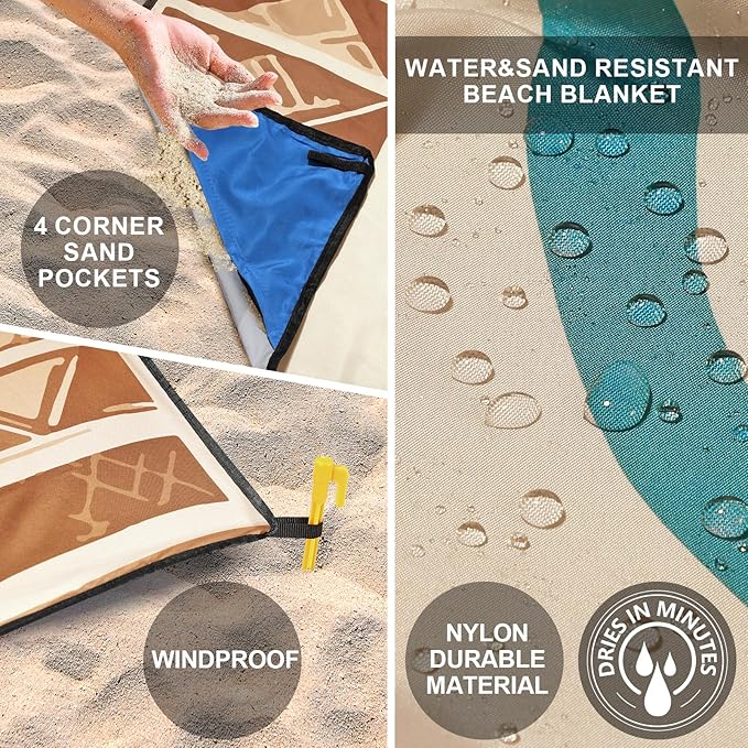 WIWIGO Beach Blanket Waterproof Sandproof Beach Mat 79" X 83"/10'x9'for 2-8 Adults Quick Drying Outdoor Picnic Mat Beach Accessories for Travel, Camping, Hiking