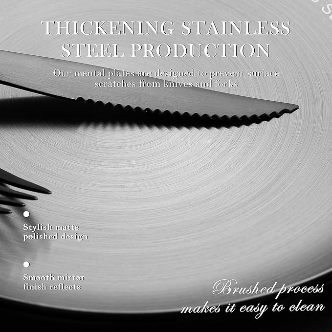Stainless Steel Plates Metal 18/8 Round Dinner Plates - Set of 4 - Food-Grade Dishwasher Safe 9inch Salad Plates for Camping Kids Dining Outdoor (Black)