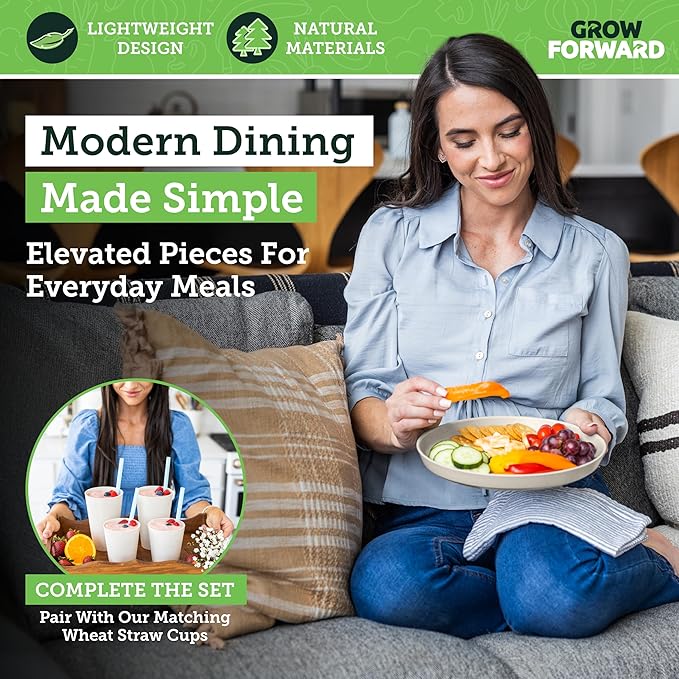 Grow Forward Premium Wheat Straw Plates - 10 Inch Reusable Hard Plastic Dinner Plates Set of 8 - Unbreakable & Microwave Safe Dishes for Dessert, Camping, RV, Outdoors, Patio, Kitchen - Sahara