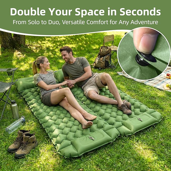 Camping Sleeping Pad, Extra-Thick Camping Mattress with Pillow, Built-in Foot Pump 3.56" Ultralight Inflatable Sleeping Pads for Camping Hiking Backpacking Traveling Tent, Green, Single