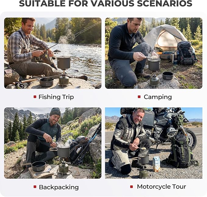 Alocs 9pcs Camping Cookware Kit, Non-Stick Lightweight Camping Pots with 3200w Stove, Igniter & Gas Canister Stand, 5-in-1 Utility Spork for Hiking, Solo Camping, Backpacking, Outdoor Cooking, Picnic