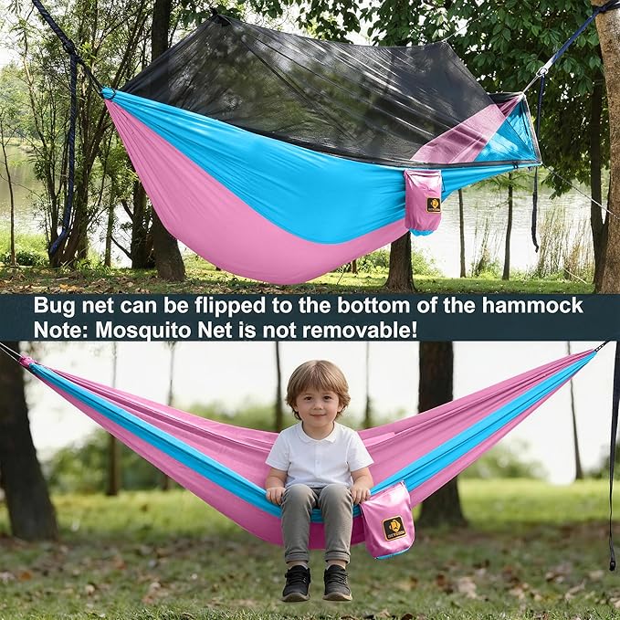 Kids Hammock, Camping Hammock with Mosquito Net, Lightweight Nylon Portable Hammock with 10ft Tree Straps,Hammocks for Travel Hiking Backpacking Beach Patio