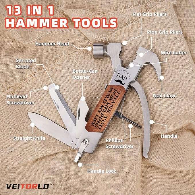VEITORLD Gifts for Dad from Daughter Son Kids, Fathers Day, Unique Birthday Gift Ideas for Men Papa, All in One Tools Hammer Multitool with Engraved Wooden Box, Cool Gadgets(Dad Build My Life)
