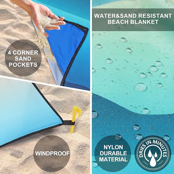WIWIGO Beach Blanket Waterproof Sandproof Beach Mat 79" X 83"/10'x9'for 2-8 Adults Quick Drying Outdoor Picnic Mat Beach Accessories for Travel, Camping, Hiking