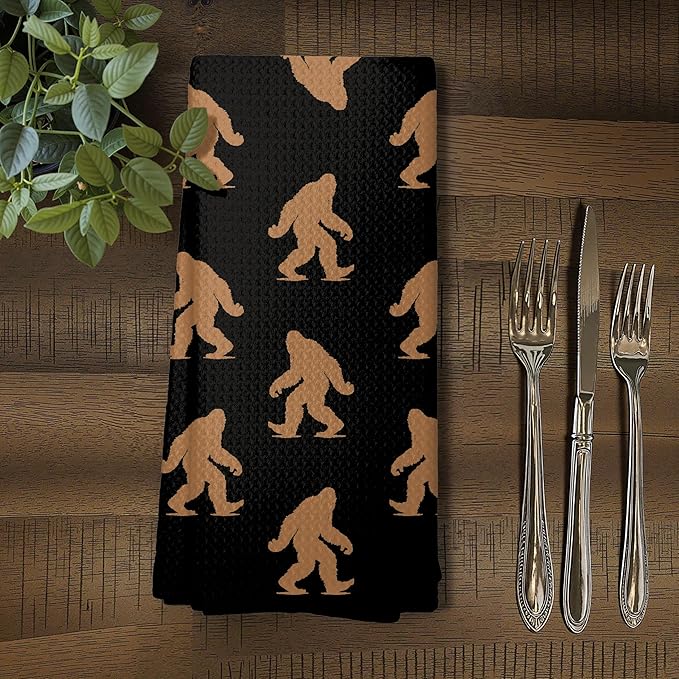 Abstract Retro Sasquatch Kitchen Towels, Sasquatch Gifts Dish Tea Towels for Kitchen Decor, Gifts for Hiking Camping Lovers Hand Towel for Bathroom Decor, 16x24 Inch, (Black and Brown)