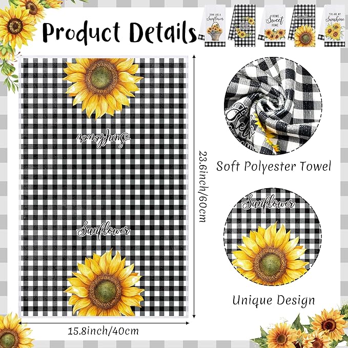 R HORSE 5Pcs Sunflower Kitchen Towels Decorative Set, Summer Flower Dishcloth Absorbent Quick Dry Hand Dish Tea Towel, Sunflower Kitchen Decor Reusable Floral Dishcloth for Bathroom Cooking Home