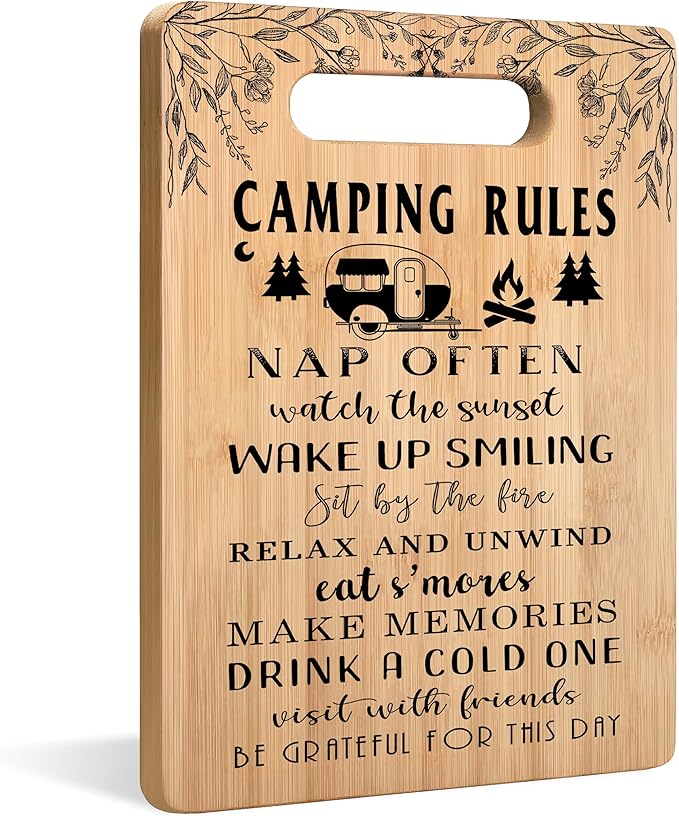 Camping Rules Cutting Chopping Board, Gifts for Camping Lovers, Camper Gifts for Women Men, Bamboo Cutting Boards for Kitchen