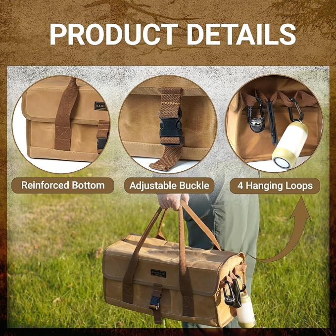 Waxed Canvas Camping Tool Bag, Camping Essentials Multi-purpose 12L Outdoor Storage Bag with Secure Flip Cover, Tent Stakes Hammer Multi-Container Organizer, Khaki