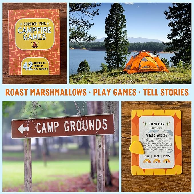 Scratch 'Ems Campfire Games | 42 Scratch Off Cards for Outdoor Summer Fun | Camping Card Games for Kids & Family | Screen-Free Entertainment, Perfect Camping Gifts for Kids & Family