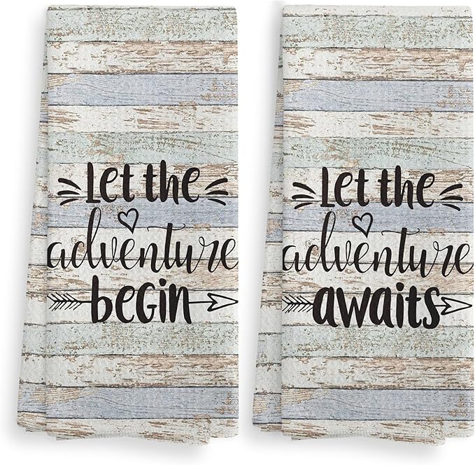 Let The Adventure Begin Kitchen Towel and Dishcloth Set of 2, Camping Hand Towels, Gifts for Campers, Campsite Drying Cloth, Tea Towels for Bathroom Kitchen, 1624 Inch