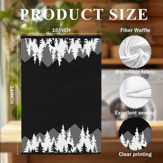 Funny Christmas Sasquatch Kitchen Towels, Black and White Farmhouse Christmas Forest Dish Tea Towels for Kitchen Decor, Xmas Winter Holiday Hand Towel for Bathroom Decor, 16x24 Inch,C086-MJ-ZH