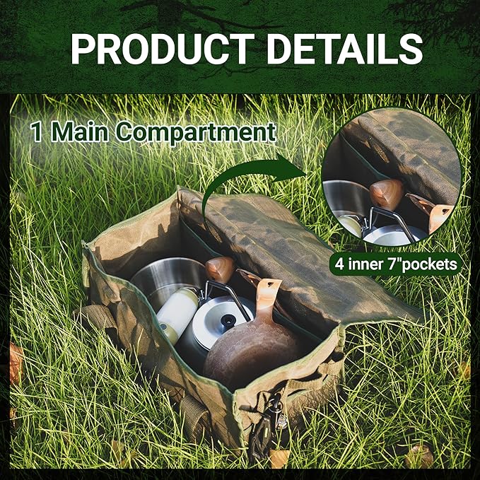 Camping Gear Bag, Camp Kitchen Organizer Buckle-closure Outdoor Cookware Tool Bag with 4 Hanging Holes & Dedicated Tent Stake Compartment, BBQ Accessories Soft Case Container, Army Green
