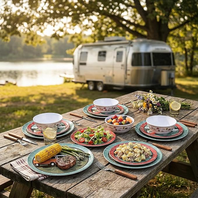 12-Piece Melamine Dinnerware Set,Unbreakable Camping Plates and Bowls Set of 4, Lightweight Outdoor Dishes with Camper Van & Tent Design for RV, Picnic, Backpacking, and Patio,Dishwasher Safe