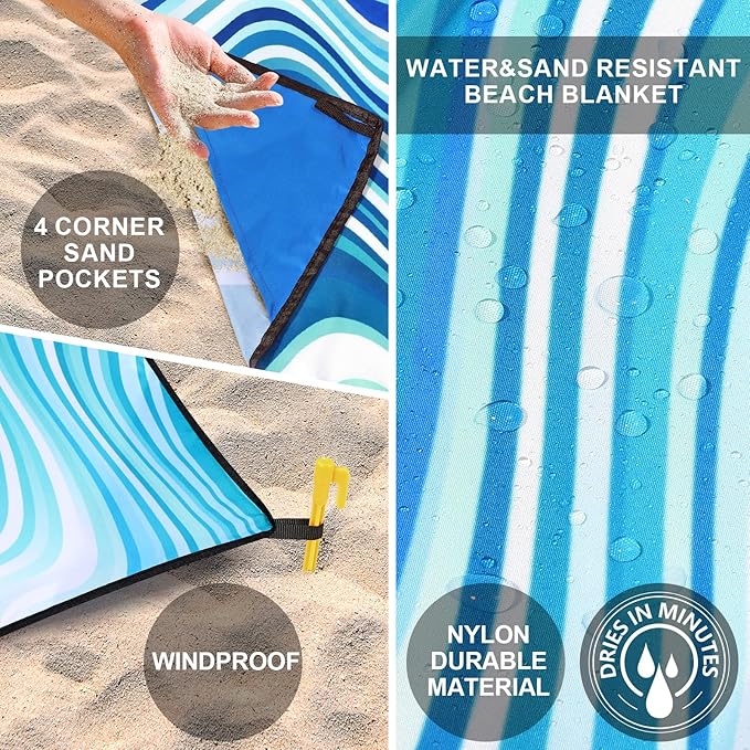 WIWIGO Beach Blanket Waterproof Sandproof Beach Mat 79" X 83"/10'x9'for 2-8 Adults Quick Drying Outdoor Picnic Mat Beach Accessories for Travel, Camping, Hiking