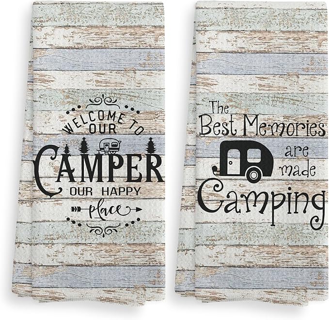 Welcome to Our Camper Camping Kitchen Towels and Dishcloths Sets of 2,Campsite Cabin RV Drying Cloth Hand Towels Tea Towels for Bathroom Kitchen,Campers Camping Lovers Gifts,16×24 inches