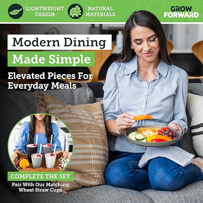 Grow Forward Premium Wheat Straw Plates - 10 Inch Reusable Hard Plastic Dinner Plates Set of 8 - Unbreakable Microwave Safe Plates for Dessert, Camping, RV, Outdoors, Patio, Kitchen Dishes - Moonlight