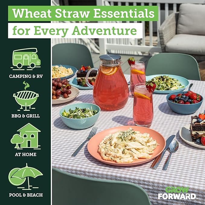 Grow Forward 24-piece Premium Wheat Straw Dinnerware Sets for 8 - Unbreakable Dishwasher & Microwave Safe Plastic Plates and Bowls Sets - Patio, Outdoors, RV, Camping Dishes - Tropical