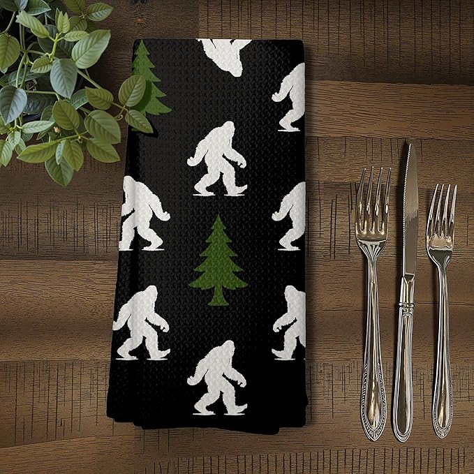 Abstract Retro Sasquatch Pine Tree Kitchen Towels, Sasquatch Gifts Dish Tea Towels for Kitchen Decor, Gifts for Hiking Camping Lovers Hand Towel for Bathroom Decor, 16x24 Inch,C162