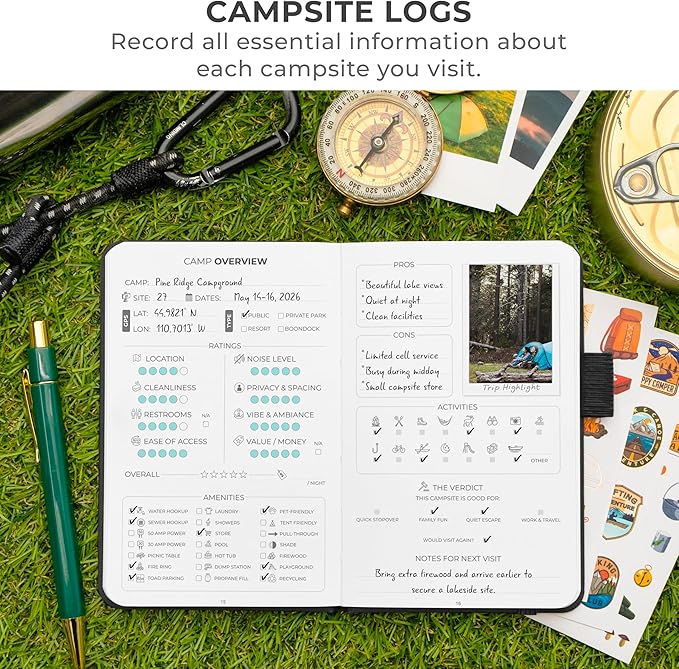 Clever Fox Camping Journal Pocket – Camping Log Book & Outdoor Adventure Journal – RV Travel Log Book – Gifts, Accessories & RV Essentials for Travel Trailers, 14 Trips, 3.7x5.7” (Black)