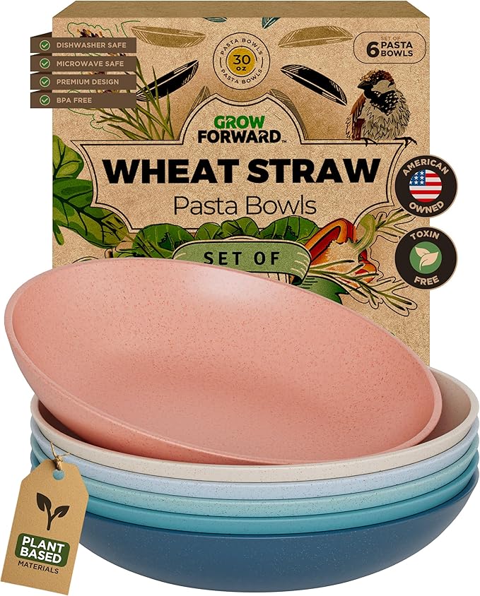 Grow Forward Premium Wheat Straw Pasta Bowls - 30oz Unbreakable Wide & Shallow Dinner Plate Bowls Set of 6 - Microwave Safe Reusable Plastic Pasta Bowls for Kids, Adults, Salad, Camping, RV - Tropical