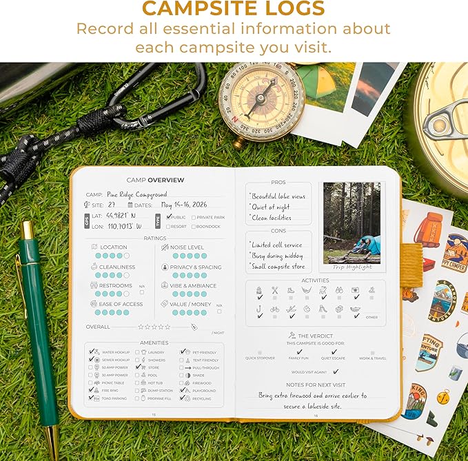 Clever Fox Camping Journal Pocket – Camping Log Book & Outdoor Adventure Journal – RV Travel Log Book – Gifts, Accessories & RV Essentials for Travel Trailers, 14 Trips, 3.7x5.7” (Amber Yellow)