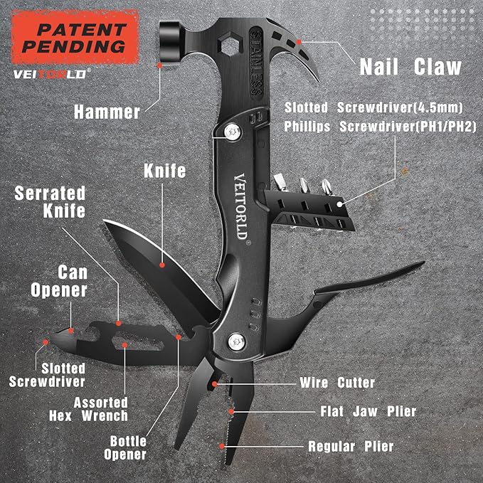 VEITORLD Gifts for Men Dad Him Fathers Day, Unique Anniversary Birthday Gifts Idea for Men Him Husband Boyfriend, All in One Tools Hammer Multitool, Camping Hunting Hiking Presents, Cool Gadgets