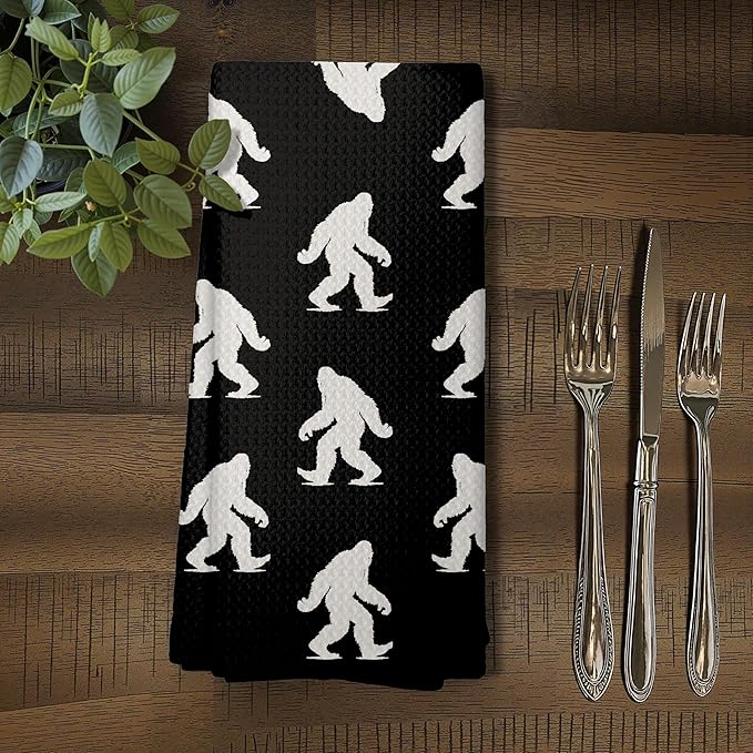 Abstract Retro Sasquatch Kitchen Towels, Sasquatch Gifts Dish Tea Towels for Kitchen Decor, Gifts for Hiking Camping Lovers Hand Towel for Bathroom Decor, 16x24 Inch, (Black)