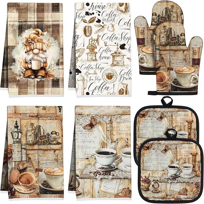 Hahafelt 8 Pcs Coffee Kitchen Gift Dish Towel Pot Holder Oven Mitt Set 4 Tent Car Tea Towels with Funny Sayings Novelty 2 Oven Mitts 2 Pot Holders Coffee Accessories Decor for Rv
