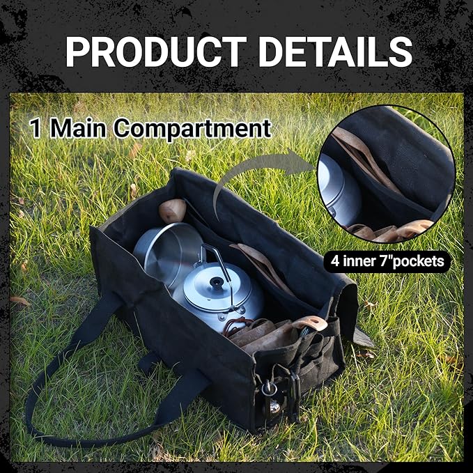 Flip Lid Camping Tool Bag, 15" Multi-Container Storage Soft Case, Water-Resistant Camping Tool Tote for Tent Stakes, Cooking Gear, Cutlery, Utensil, Flatware, Tea Kettle and Tools, Black