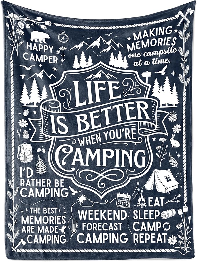 Camping Gifts for Women Men Lovers Throw Blanket, Happy Campers Decor Outdoor, RV Campsite Travel Hiking - Life, 50" x 65"