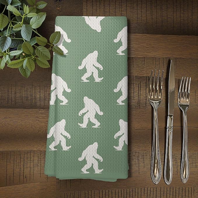Abstract Retro Sasquatch Kitchen Towels, Sasquatch Gifts Dish Tea Towels for Kitchen Decor, Gifts for Hiking Camping Lovers Hand Towel for Bathroom Decor, 16x24 Inch, (Sage Green and White)