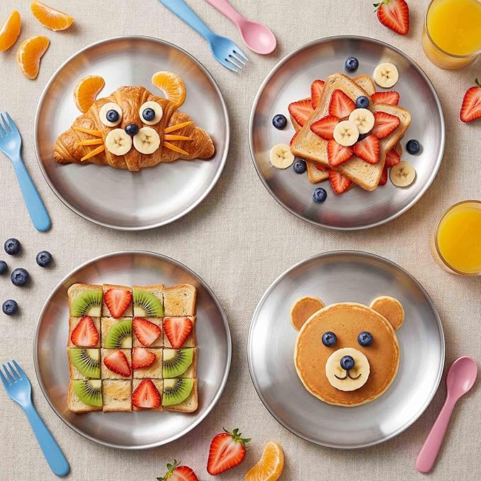 Homikit Stainless Steel Kids Plates Set of 4, 8 Inch 304 Metal Dinner Plates for Kids Toddler Children, 4-Piece 18/8 Non Toxic Dinner Dishes Set for Serving Camping, Dishwasher Safe & Reusable