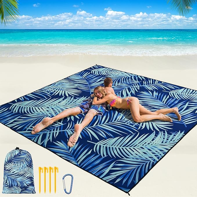 WIWIGO Beach Blanket Waterproof Sandproof Beach Mat 79" X 83"/10'x9'for 2-8 Adults Quick Drying Outdoor Picnic Mat Beach Accessories for Travel, Camping, Hiking