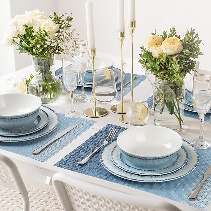 AELS Melamine Dinnerware Set of 12 Pcs Dinner Dishes Set with 4 Placemats for Indoor and Outdoor Use, Dishwasher Safe, Lightweight Unbreakable, BPA Free, Light Blue