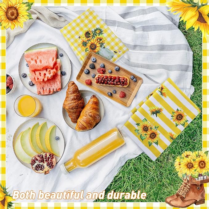 Oudain 6 Pcs Sunflower Kitchen Dish Towels Sunflower Absorbent Tea Towels Reusable Fast Drying Cleaning Dishcloths for Summer Housewarming Gift