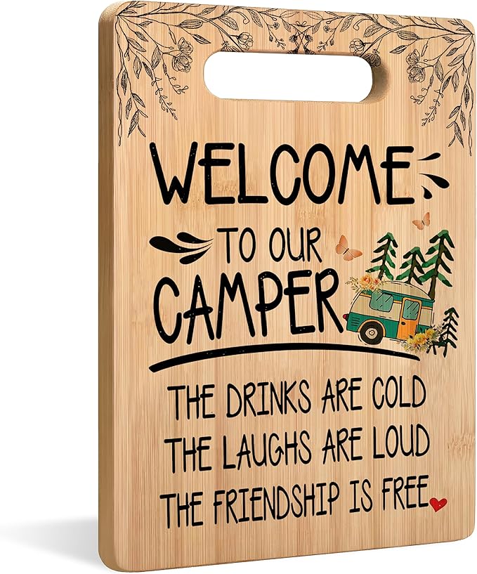 Camping Welcome Cutting Chopping Board, Gifts for Camping Lovers Campers, Welcome to Our Camper Bamboo Cutting Boards for Kitchen